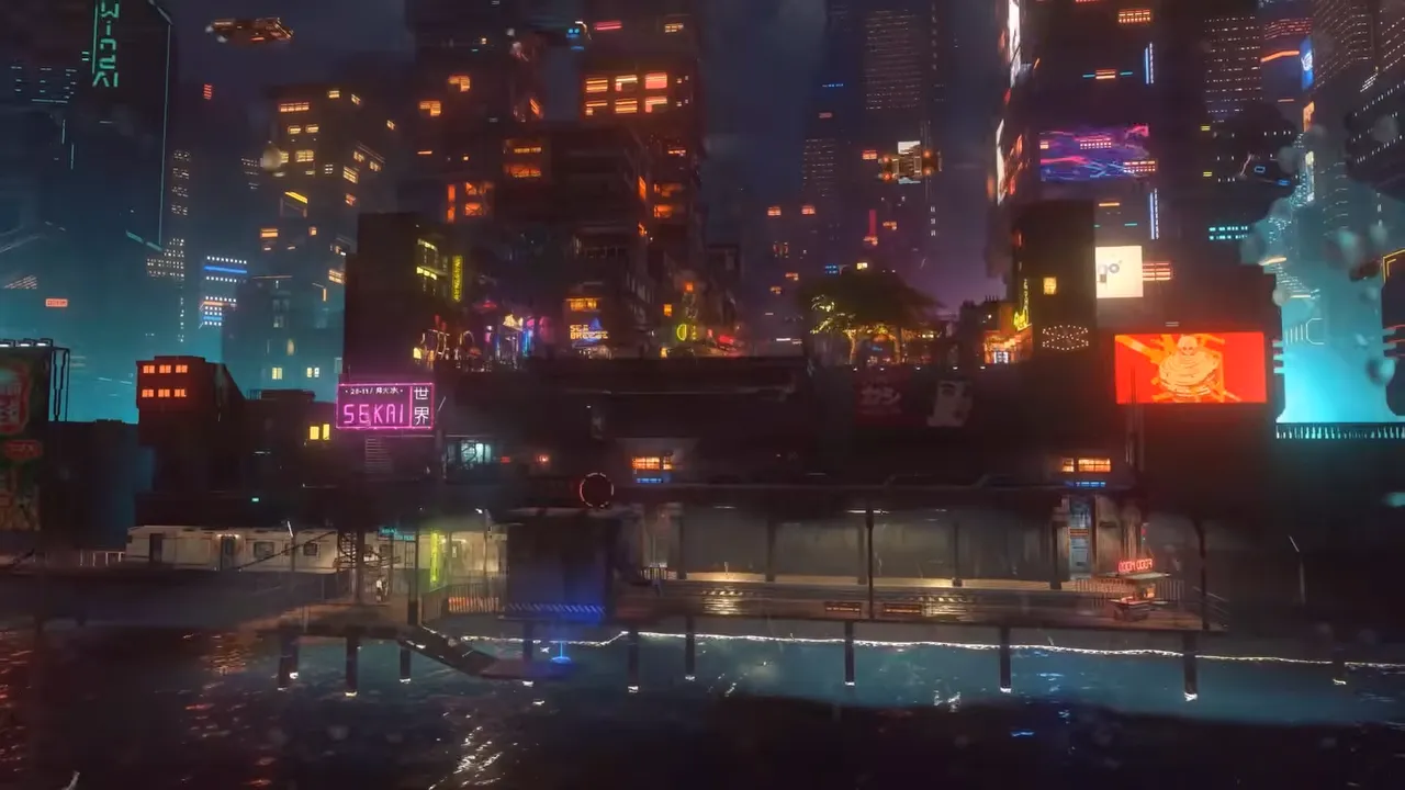 A Nivalis Nights canal street at night, lit by pink and blue neon signs