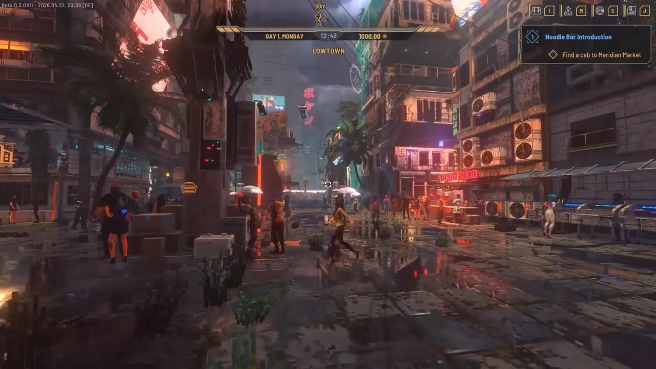 Nivalis Nights street-level gameplay in Lowtown: a rainy neon street on day one