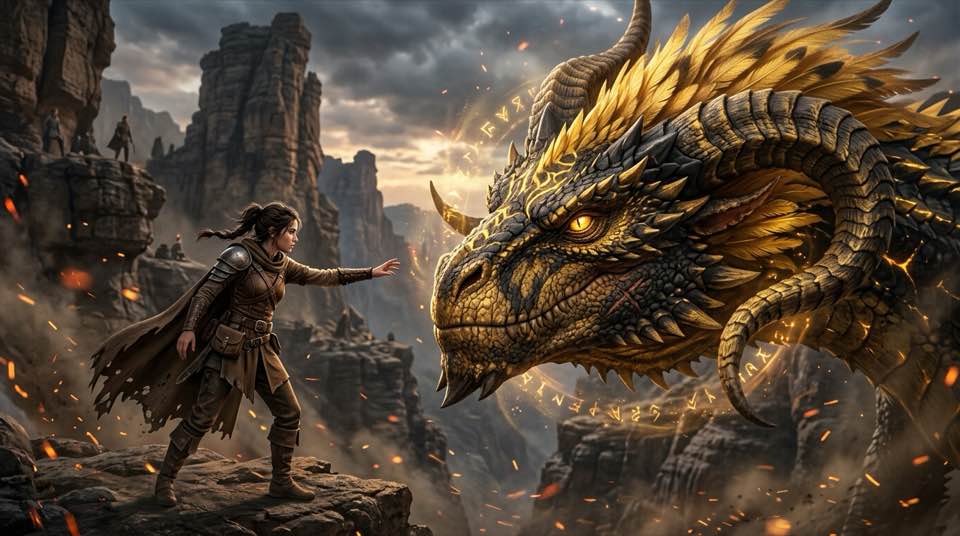 A cadet reaching out toward a massive golden-horned dragon during the Threshing Day game trial