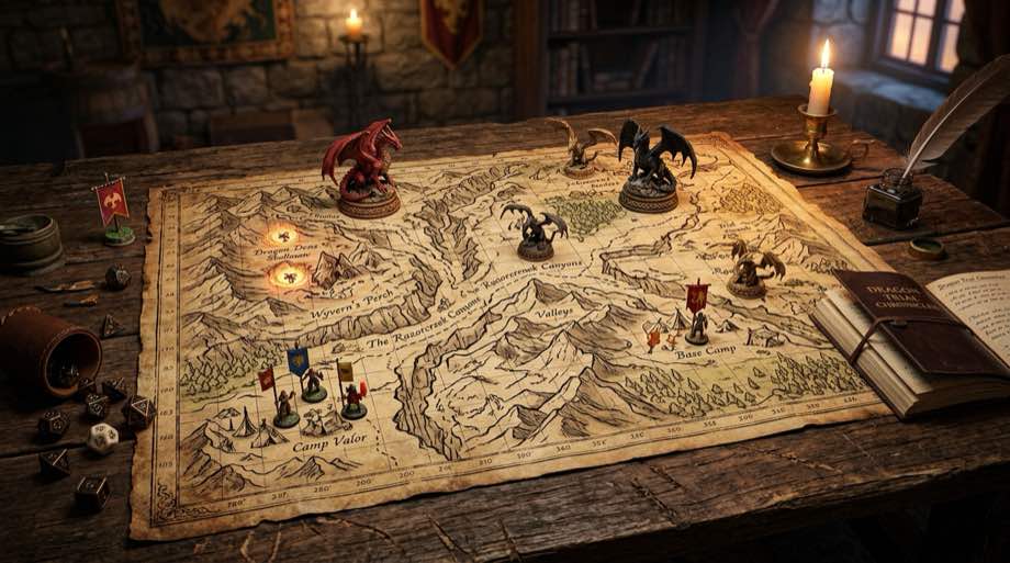 Tactical map and campaign table representing Basgiath dragon trials
